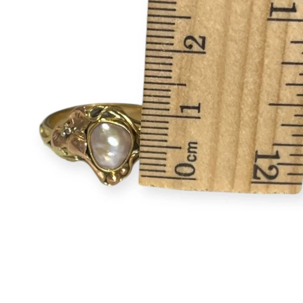 Womans 7.25 14K Tri-Color Gold Ring w/ Freshwater Pearl, Leaf Pattern 5.79g - Picture 10 of 12